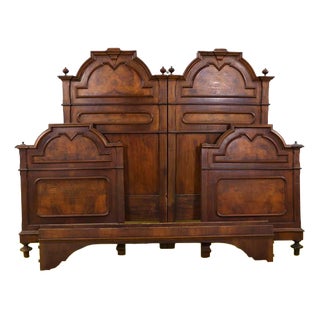 Wooden Double Bed with Shaped Headboard and Turned Legs For Sale
