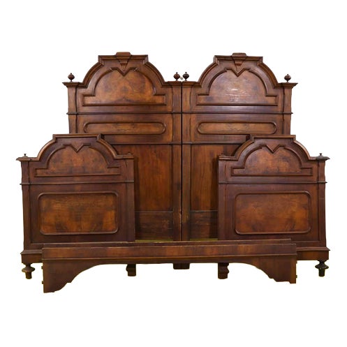 Wooden Double Bed with Shaped Headboard and Turned Legs For Sale