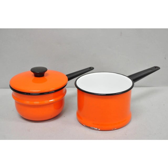 Orange Vintage Enamel Orange & Black Metal Double Boiler Nesting Pot W/ Lid For Sale - Image 8 of 13