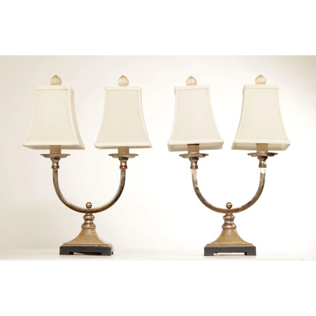 High Quality Pair of Chrome Two-Light U-Shape Table Lamps on Resin and Ebonized Wood Bases