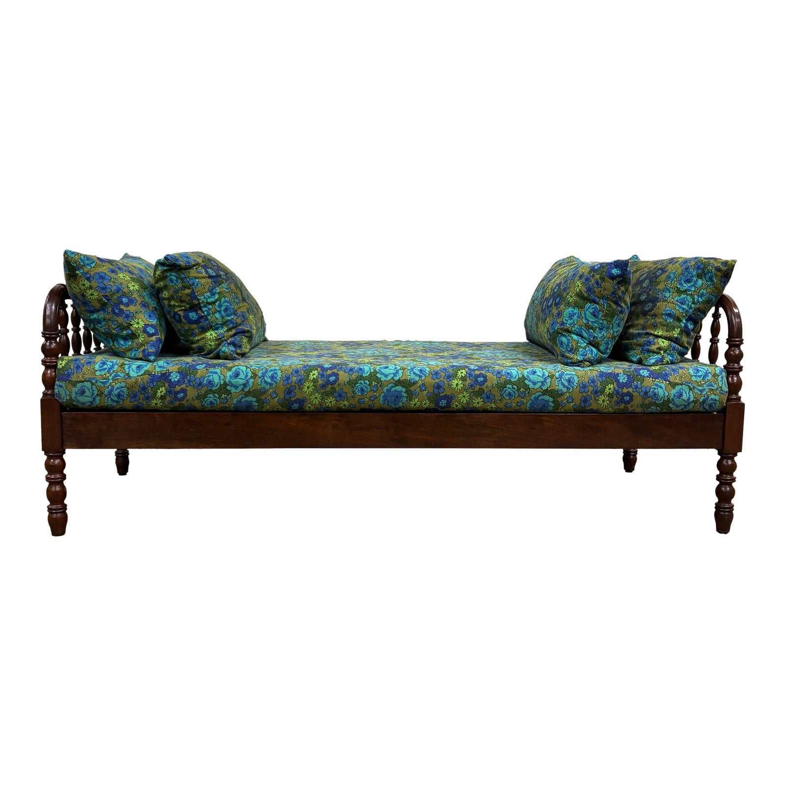 Antique Carved and Turned Spindle Spool Daybed Bench With Cushions ...