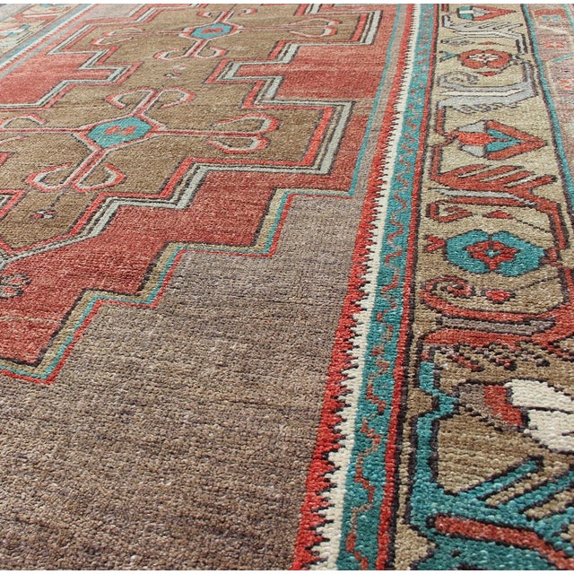 Vintage Turkish Oushak Rug in Warm Terracotta, Olive Brown, and Aqua Blue 4'2 X 7'5 For Sale In Atlanta - Image 6 of 9