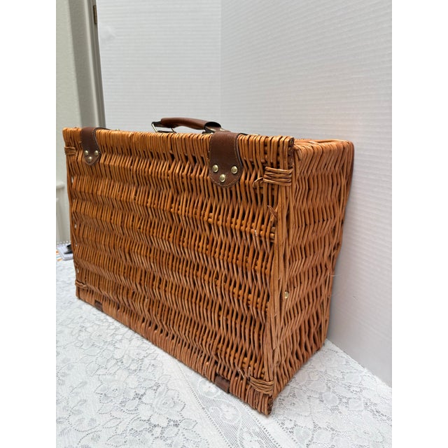Wood Large Classic Vintage Americana Wood Wicker Picnic Basket With Accoutrements For Sale - Image 7 of 11