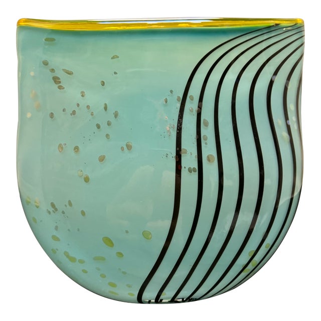 Signed Dustin Wagner Studio Blown Art Glass Psycho Zebra Vase Aqua Teal Black 8” For Sale
