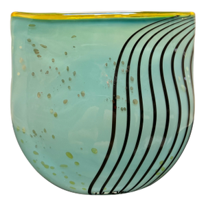 Signed Dustin Wagner Studio Blown Art Glass Psycho Zebra Vase Aqua Teal Black 8”