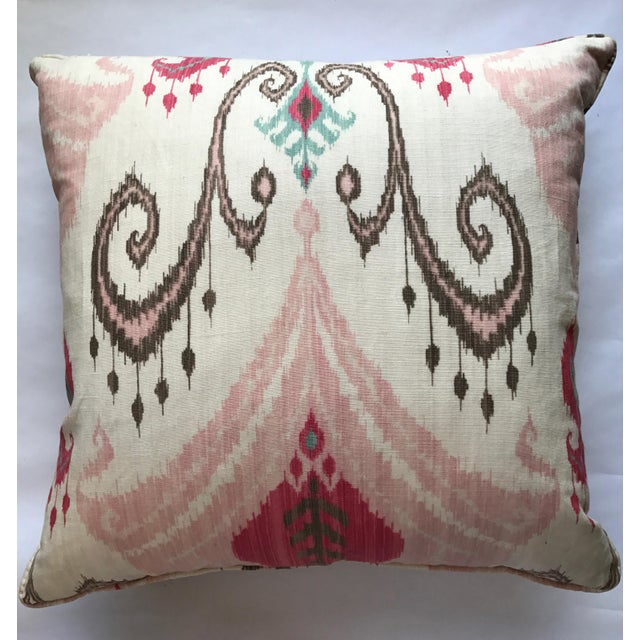 Contemporary Pink & Brown Ikat Cotton Down Filled Pillows - A Pair For Sale - Image 3 of 9