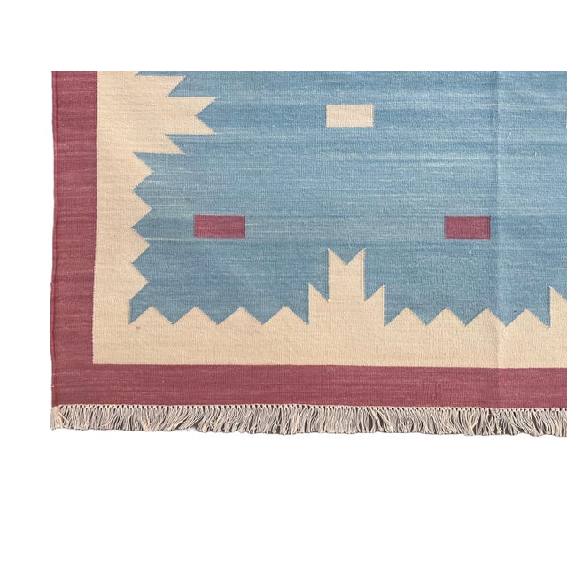 Handmade Cotton Vegetable Dyed Rug, Sky Blue and Pink Geometric Dhurrie-8'x10' For Sale - Image 12 of 13