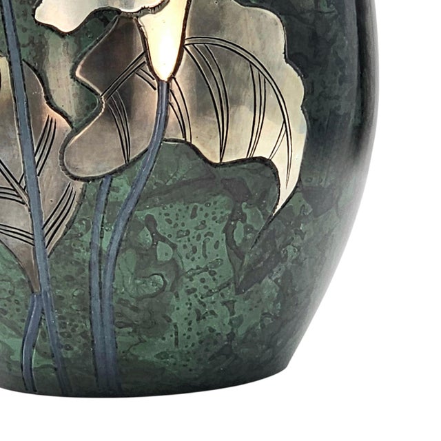 Forest Green Mid Century Japanese Takaoka Bronze Vase With Mixed Metal Lily Inlay 9.75” For Sale - Image 8 of 12
