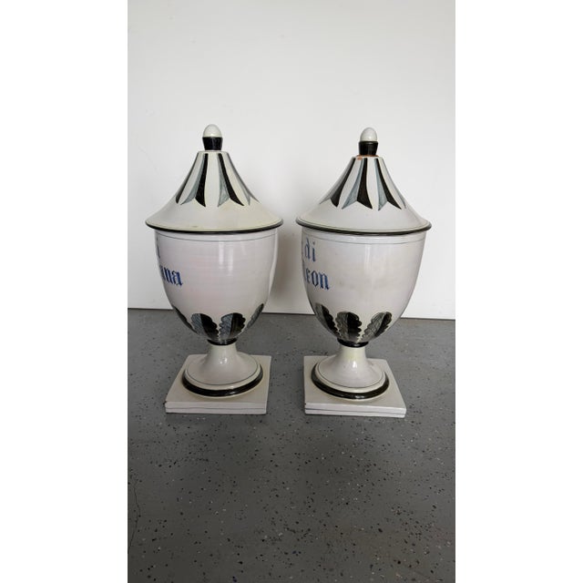 Italian ceramic hand-painted apothecary jars, set of two with lids