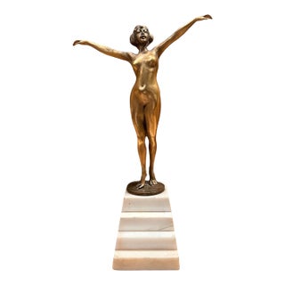 French Signed Bronze Female Nude on White Marble Base, Circa 1920–1940 For Sale