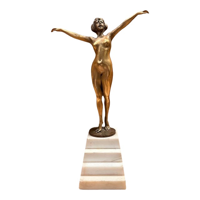 French Signed Bronze Female Nude on White Marble Base, Circa 1920–1940 For Sale