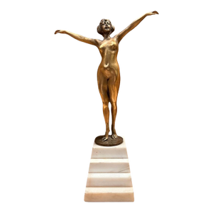 French Signed Bronze Female Nude on White Marble Base, Circa 1920–1940
