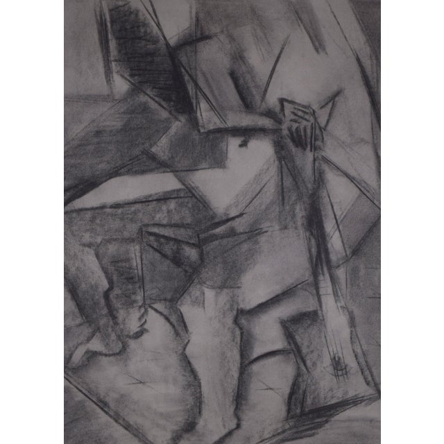 Vintage Cubist Charcoal Figure Drawing of a Seated Nude With Guitar 1985 For Sale - Image 4 of 7