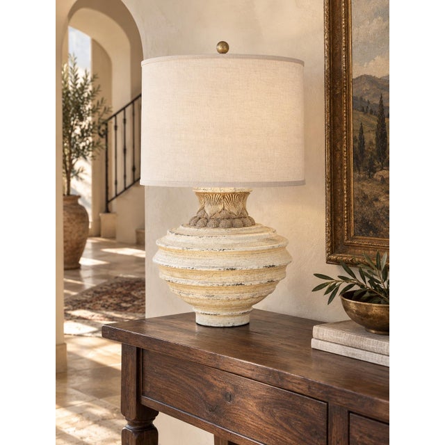 Late 20th Century Sculptural Shell Urn Table Lamp With Ivory Linen Drum Shade For Sale - Image 4 of 6
