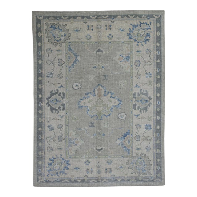 Turkish Oushak Rug Green & Blue Handwoven Wool Rug 5'3" X 6'11" For Sale
