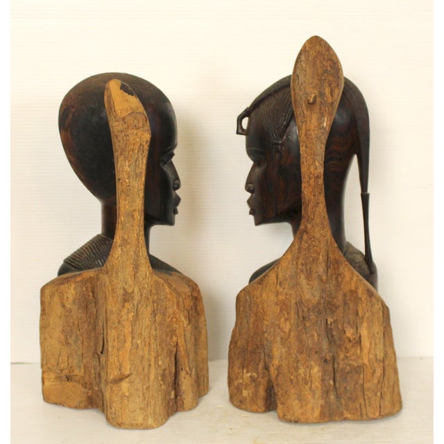 Brown Mid 20th Century Maasai Warrior Hand Sculpted Busts - Set of 2 For Sale - Image 8 of 15