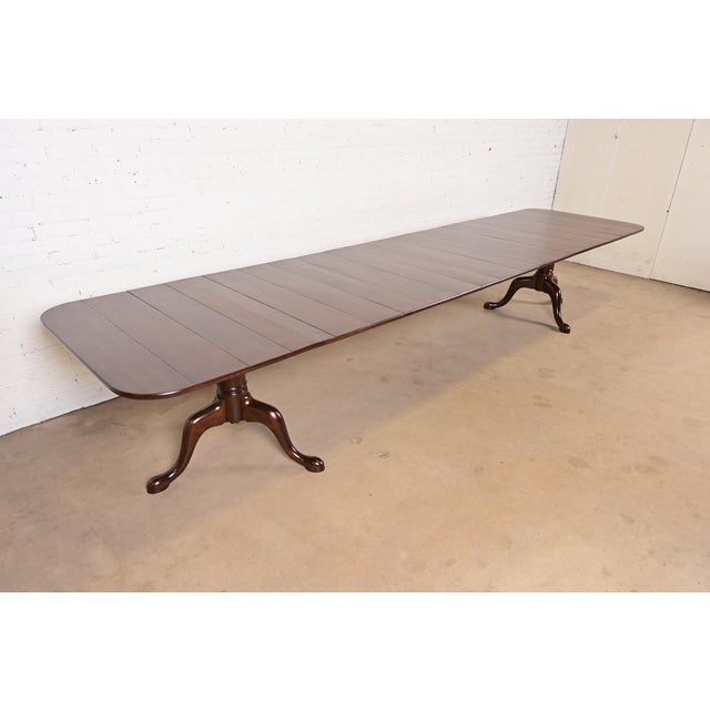 Queen Anne Baker Furniture Style Georgian Monumental Solid Cherry Wood Double Pedestal Extension Dining Table, Newly Refinished For Sale - Image 3 of 14
