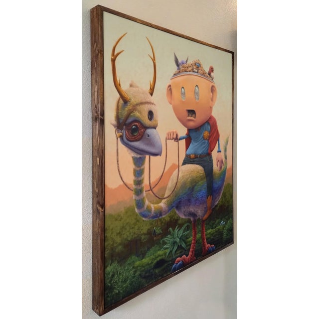 In "Masks We Wear, Everybody Wants A Piece," a whimsical figure with an oversized, empty head rides a colorful,...