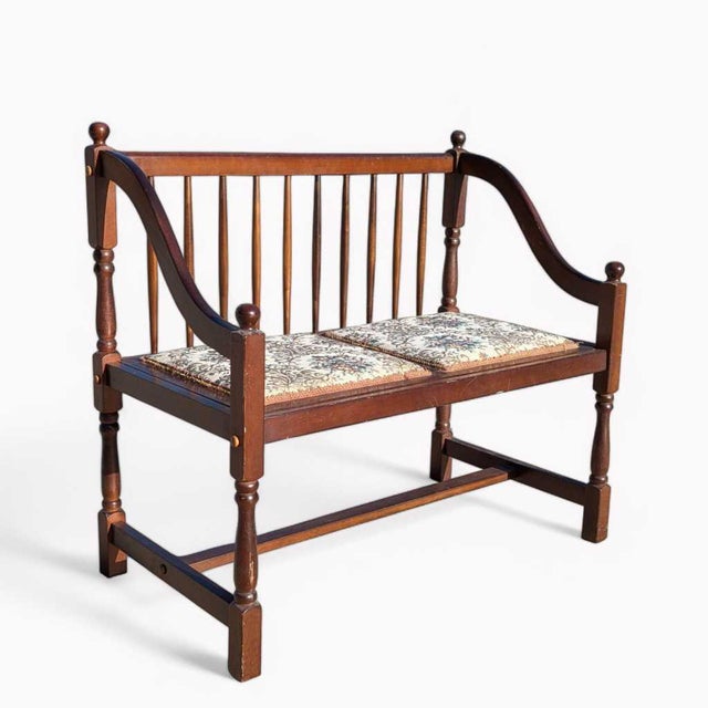 Vintage Spindle Back Wood Settee With Floral Cushions For Sale In Los Angeles - Image 6 of 16