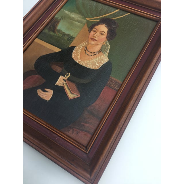 Folk Art Portrait of a Lady, Oil Painting on Wood Panel, Mid 20th ...