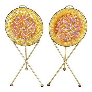 Italian Gold Gilt Folding Mosaic Side Drink Tables 1960s Pair For Sale
