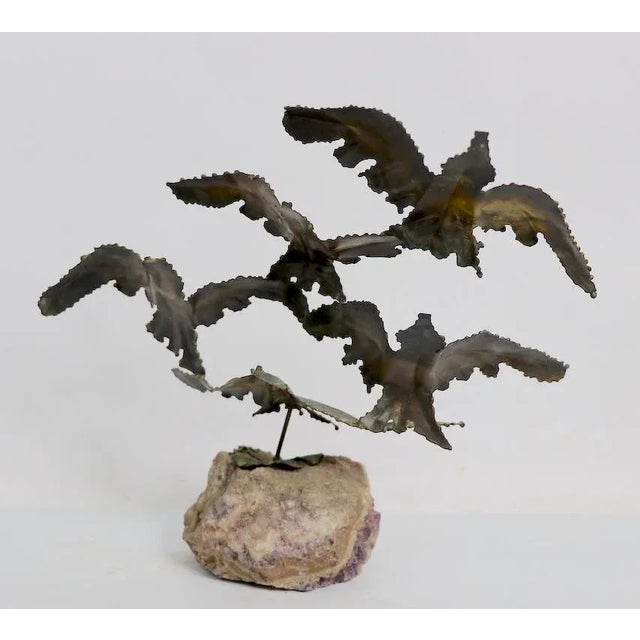 Mid-Century Modern Brutalist Torch Cut Bird Sculpture Mounted on Quartz Stone Base For Sale - Image 3 of 12