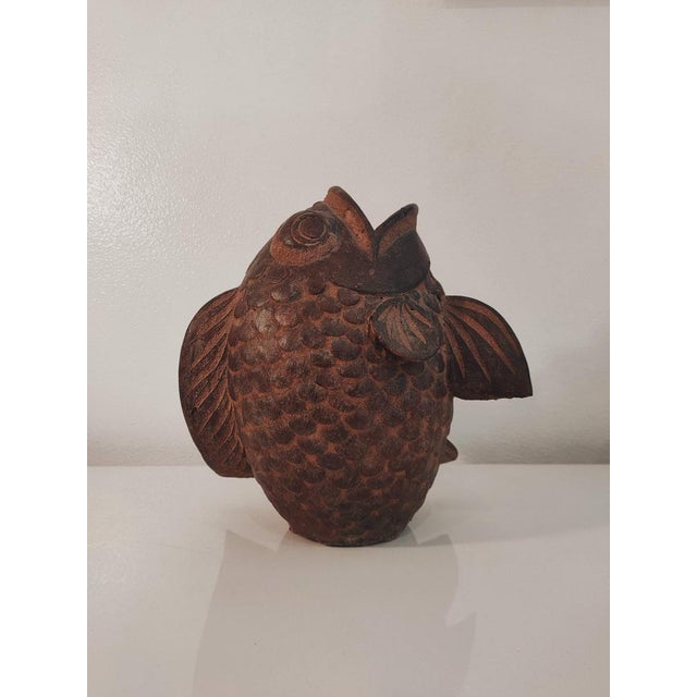 Vintage Asian Terracotta Koi Fish Sculpture or Vase, 1960s A sculptural vase in the shape of a Koi fish with a three-...