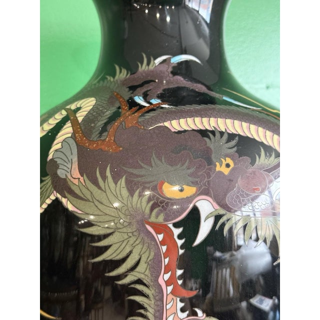 Monumental Japanese Cloisonne Enamel Vase With Dueling Dragons For Sale - Image 4 of 10