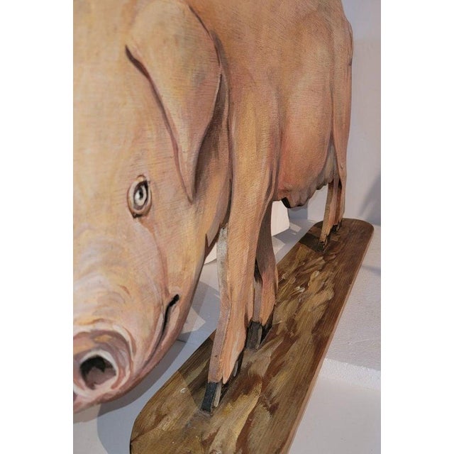 Folk Art 1980s Hand Carved Wood Pig With Original Paint, Signed For Sale - Image 3 of 10