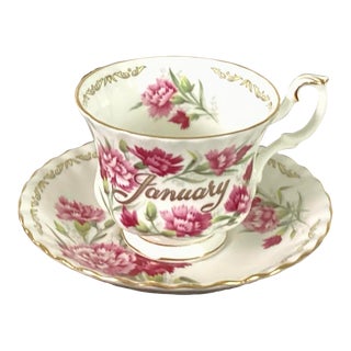 Antique E&R Golden Crown England-Bone China, “January” Teacup and Saucer For Sale