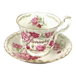 Antique E&R Golden Crown England-Bone China, “January” Teacup and Saucer