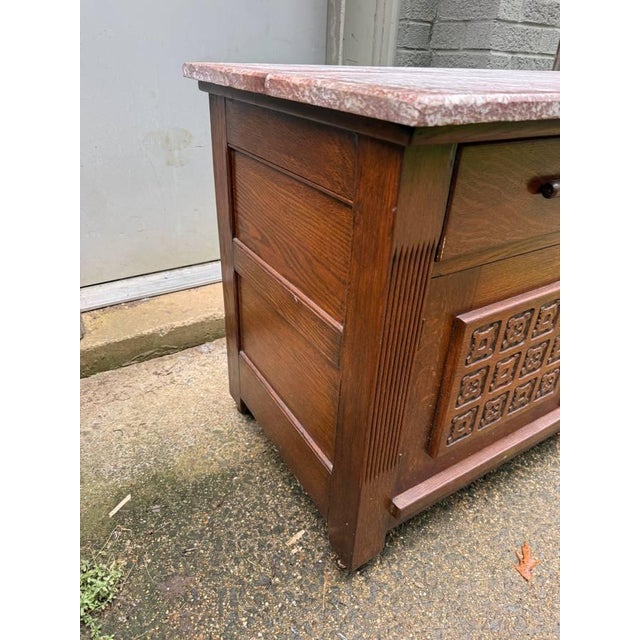 Antique French Art Deco Style Marble Top Oak Wood Cabinet Sideboard With Geometric Front For Sale - Image 13 of 18