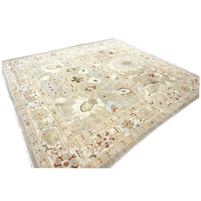 Early 21st Century Persian Sultanabad Wool 8x8 Tan, Blue, & Ivory Handmade Square Area Rug #1143023 For Sale - Image 5 of 8