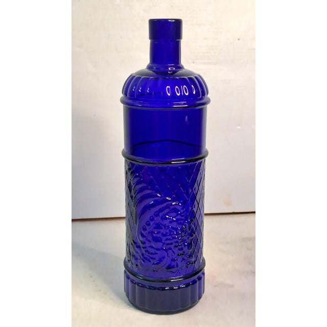 Vintage Cobalt Blue Glass Bottle Vase Lot of 3 Decorative Embossed Glass 12" For Sale - Image 11 of 11
