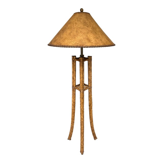 Vintage Maitland-Smith Faux Bamboo and Brass Floor Lamp With Faux Tortoiseshell Lined Leather Shade For Sale