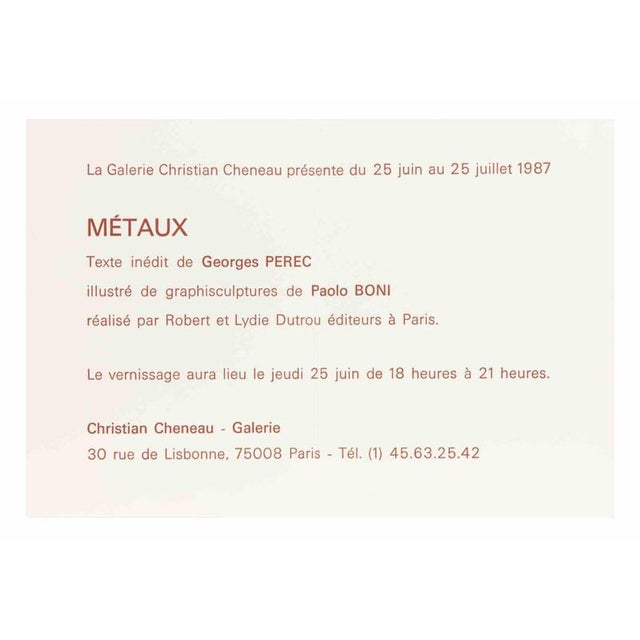 Metaux is is a vintage depliant of Paolo Boni Exhibition, Christian Cheneau Gallery, Paris 1987. Woodcut print on paper....