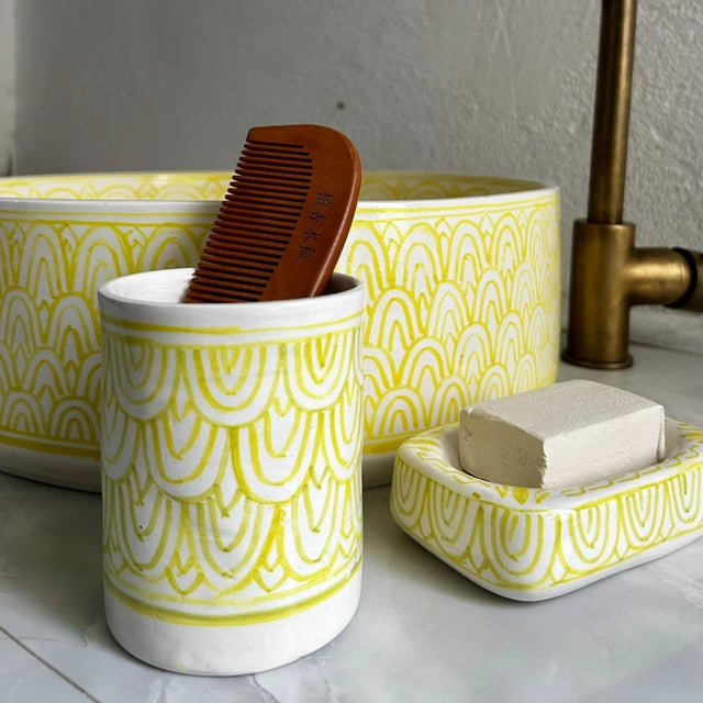 Metal Moroccan Ceramic Yellow Sink for Bathroom, Vessel Sink with Brass Drain - 3 Piece Set For Sale - Image 7 of 8