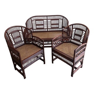 1970s Brighton Pavilion Style Bamboo Rattan Cane Settee & 2 Armchairs – 3 Piece Set For Sale