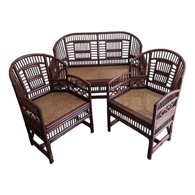 1970s Brighton Pavilion Style Bamboo Rattan Cane Settee & 2 Armchairs – 3 Piece Set For Sale