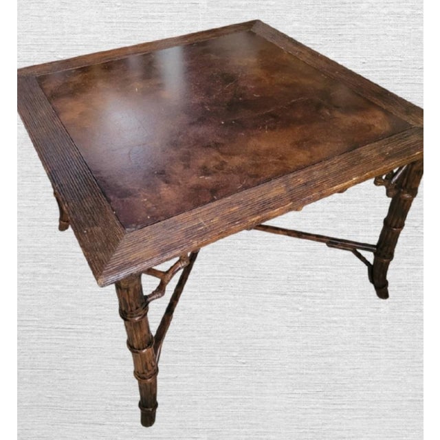 Vintage Stained Tortoiseshell Burnt Bamboo Sqaure Regency British Colonial Card Dining Table For Sale - Image 9 of 10