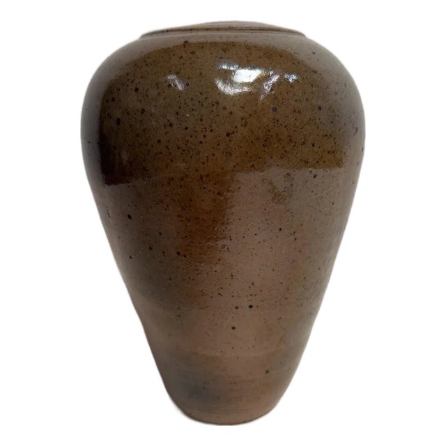 1970s Handmade Wood Fired Stoneware Vase with Ash Glazed Speckled Finish For Sale