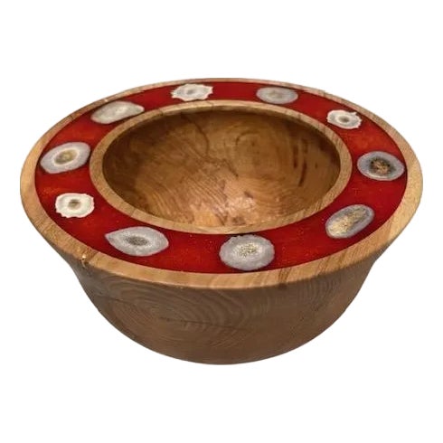 Wood Bowl Hand Carved One-of-a-Kind Trimmed With Antler Horn Slices For Sale