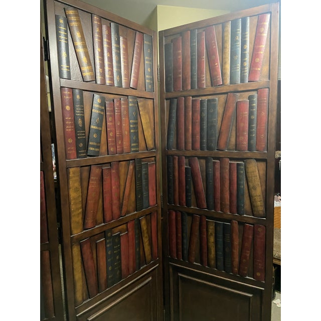 Maitland Smith Style Leather Book Screen Room Divider Eye-catching screen is made of dark wood, with real leather book...