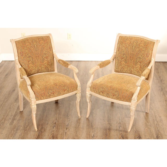 High Quality Pair of Carved and Ceruse-Finished Frame Armchairs with Custom Paisley Upholstery