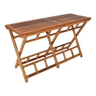 McGuire Mid-Century Modern Handwoven Bamboo Leather & Oak Slat Top Folding Bench For Sale