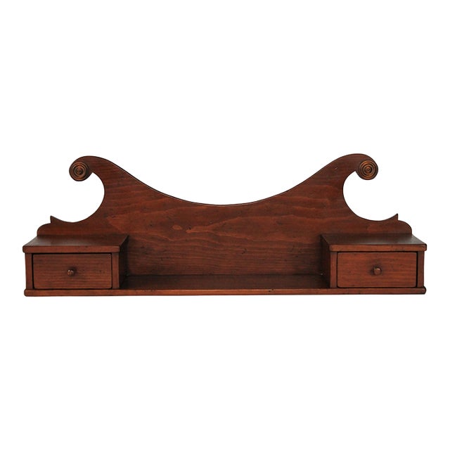 Vintage Wood Wall Shelf W/ Two Drawers For Sale