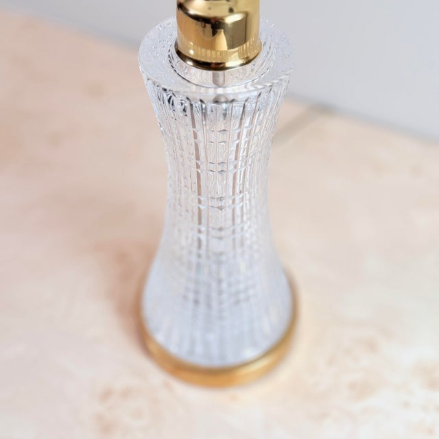 Glass Waterford Crystal Lismore Hourglass Table Lamp — Brass Base & White Bell Shade, 1980s Hollywood Regency For Sale - Image 7 of 11
