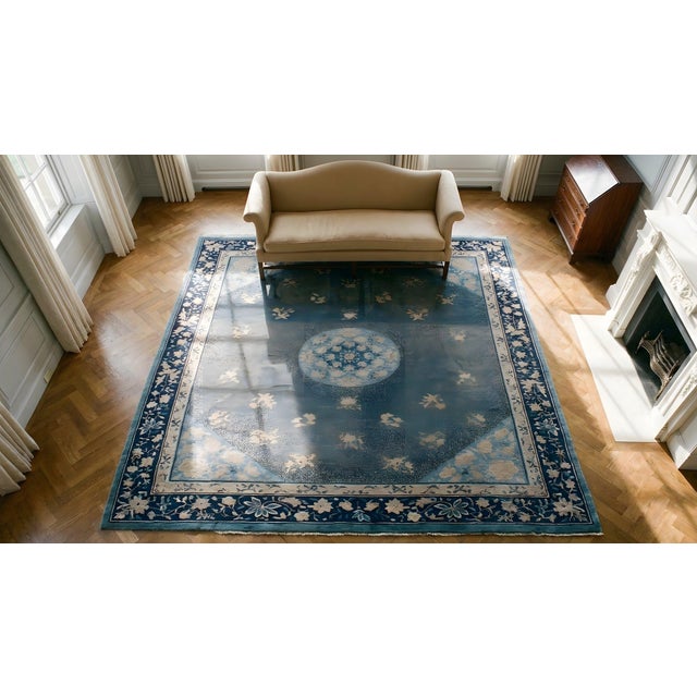 1880s Blue Navy Medallion Antique Chinese Peking Rug 9' X 11' 8'' Hand Knotted Wool Carpet For Sale - Image 10 of 10