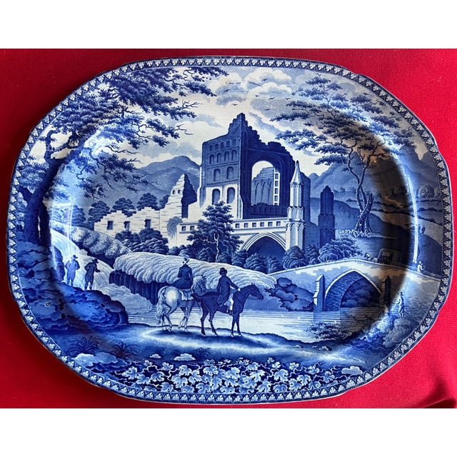 Large Antique Early 19th C. English Staffordshire Pearlware Blue & White Transfer Platter by Robert Hamilton of Stoke in the Gothic Ruins Pattern 1820 For Sale In New York - Image 6 of 8