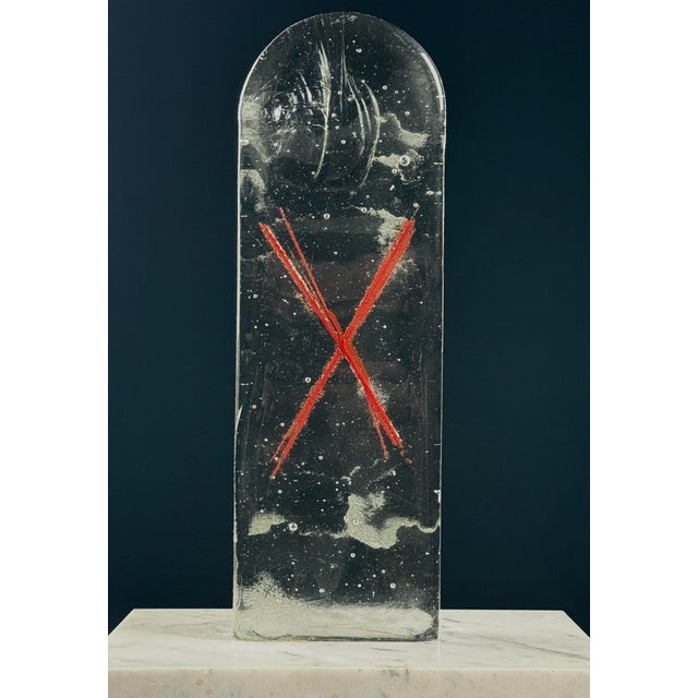 This compact abstract glass sculpture by Danish artist Finn Lynggaard presents a rippled, translucent surface intersected...